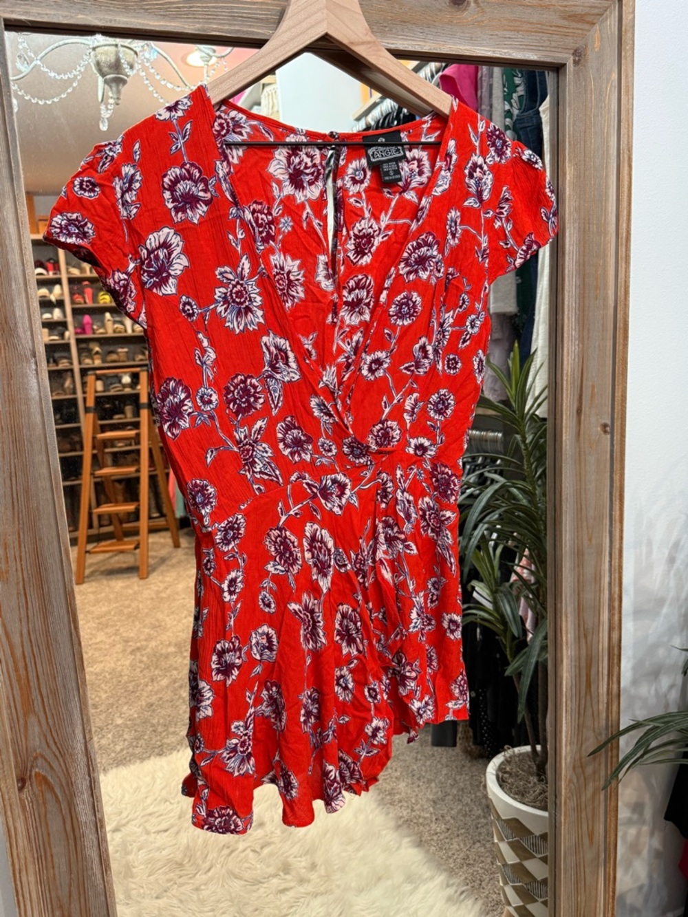 Angie Red Floral Wrap-Style Romper
